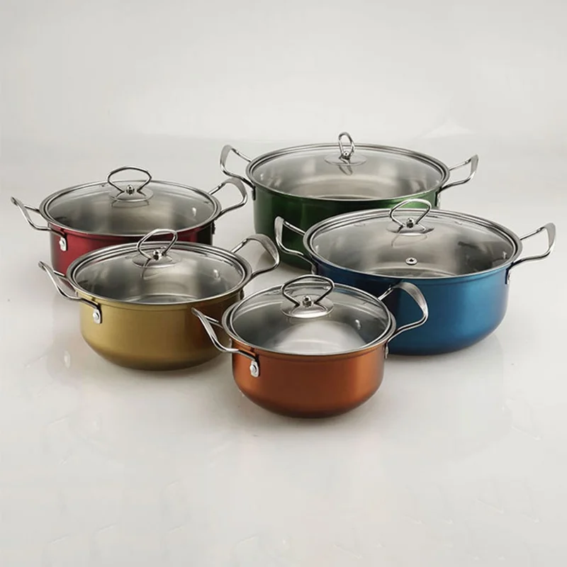 5PCS Stainless Steel Cookware Set Wire Handle 18-26cm Colorful Soup Pots Steamer with 5PCS Glass Lids