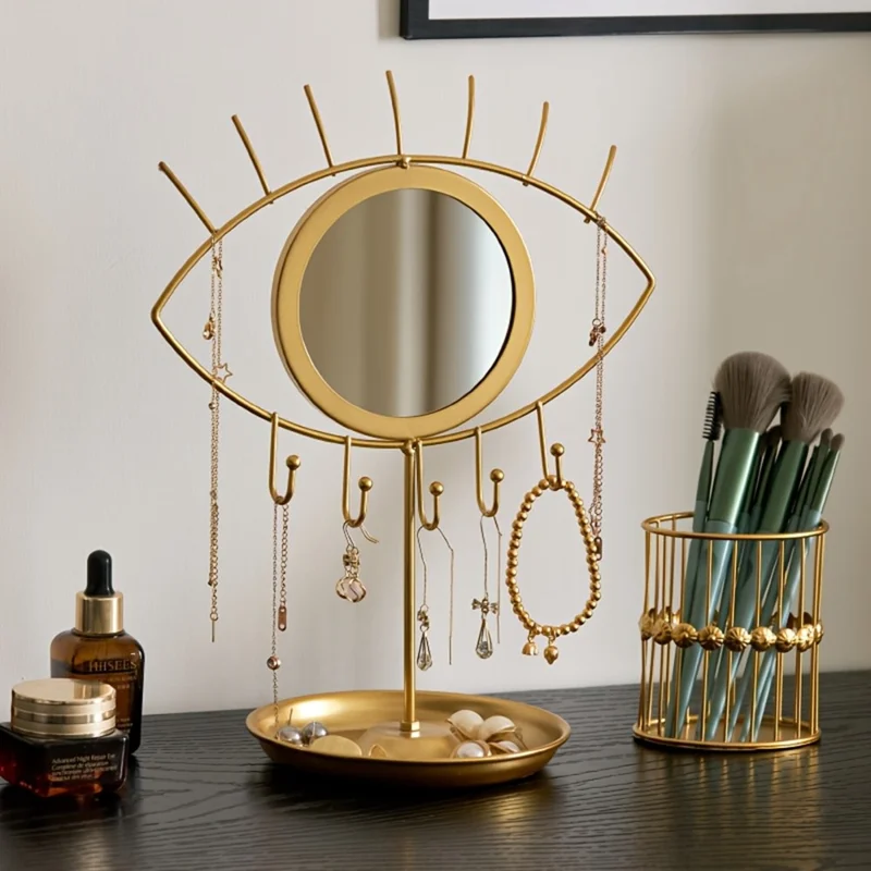 Eye-Shaped Display Stand with Mirror Jewelry Organizer Tray Nordic Style Golden Wrought Iron Storage Holder for Makeup Counter