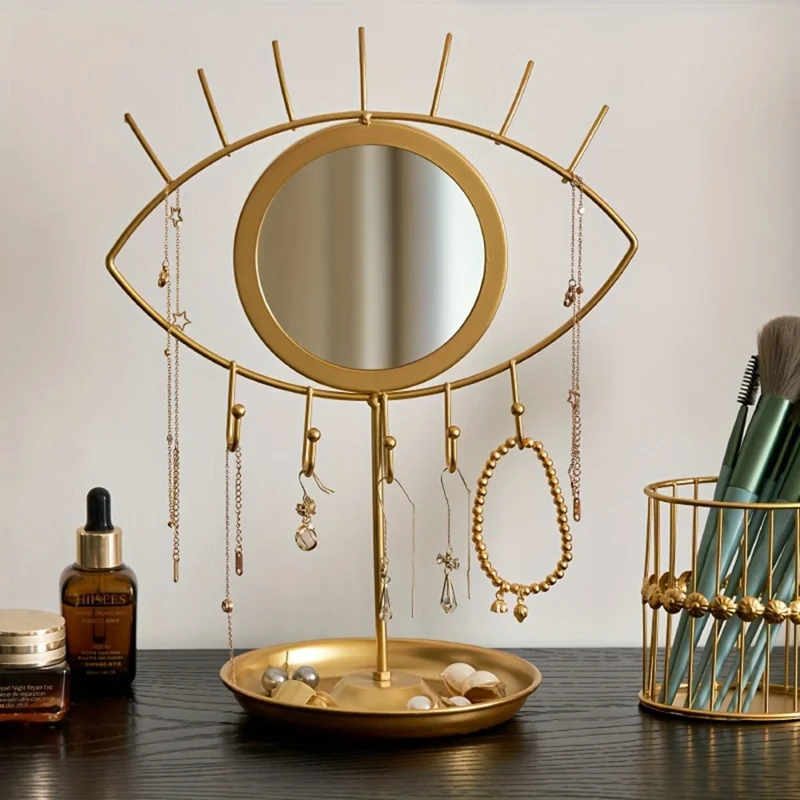 Eye-Shaped Display Stand with Mirror Jewelry Organizer Tray Nordic Style Golden Wrought Iron Storage Holder for Makeup Counter