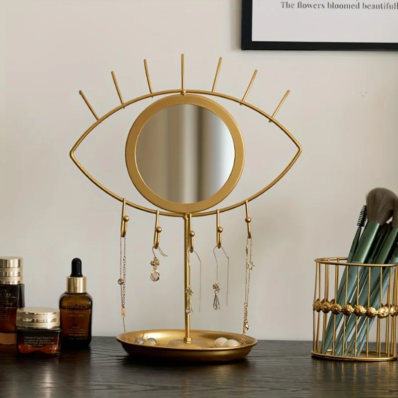 Eye-Shaped Display Stand with Mirror Jewelry Organizer Tray Nordic Style Golden Wrought Iron Storage Holder for Makeup Counter