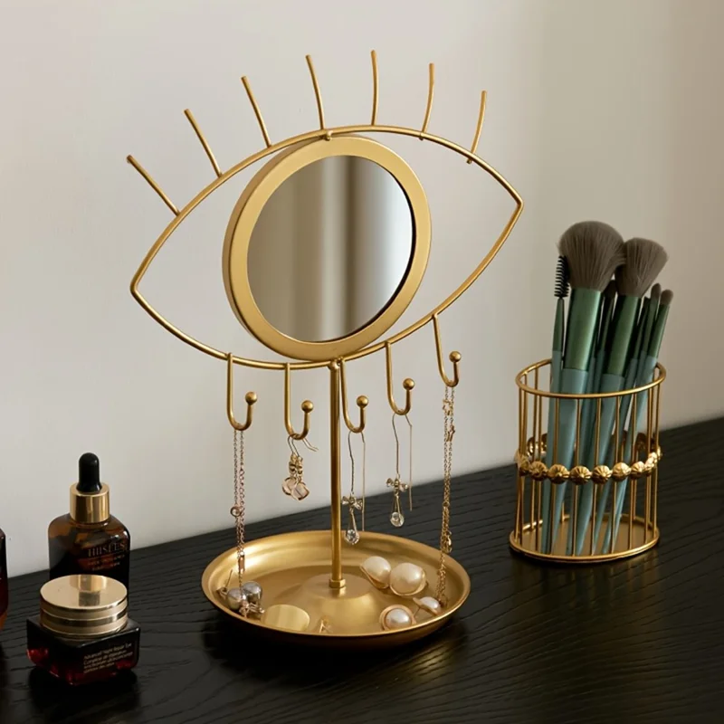 Eye-Shaped Display Stand with Mirror Jewelry Organizer Tray Nordic Style Golden Wrought Iron Storage Holder for Makeup Counter