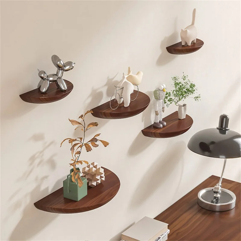28cm Semicircle Wooden Wall Shelf Nordic Decorative Floating Shelf for Living Room Storage Rack - Walnut