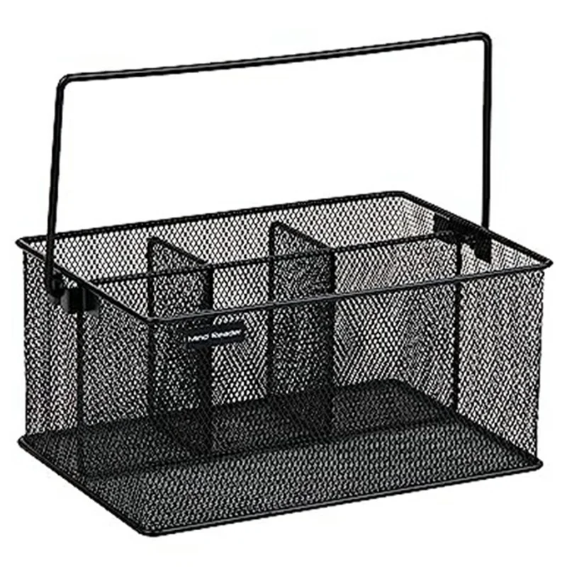 Handled Cutlery Organizer Basket Carbon Steel Divided Utensil Storage Drying Rack for Kitchen