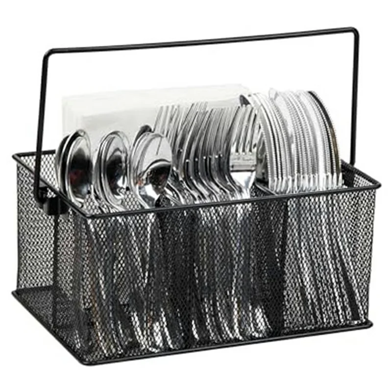 Handled Cutlery Organizer Basket Carbon Steel Divided Utensil Storage Drying Rack for Kitchen