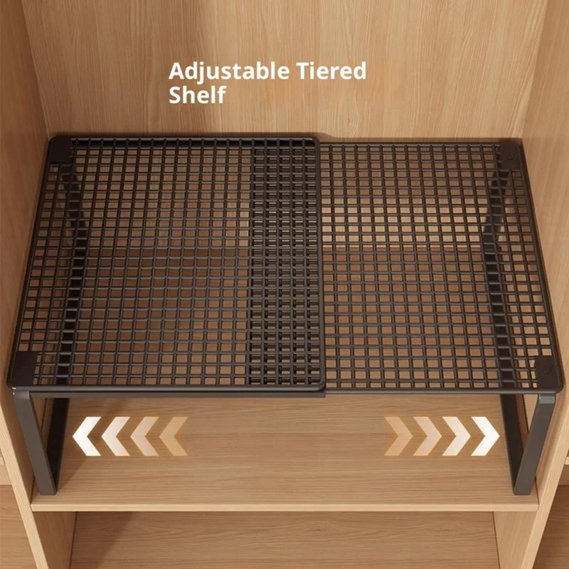 50-85cm Expandable 31cm Height Closet Organizer Shelf Pull-Out Partition Clothes Storage Holder for Space Saving - Black