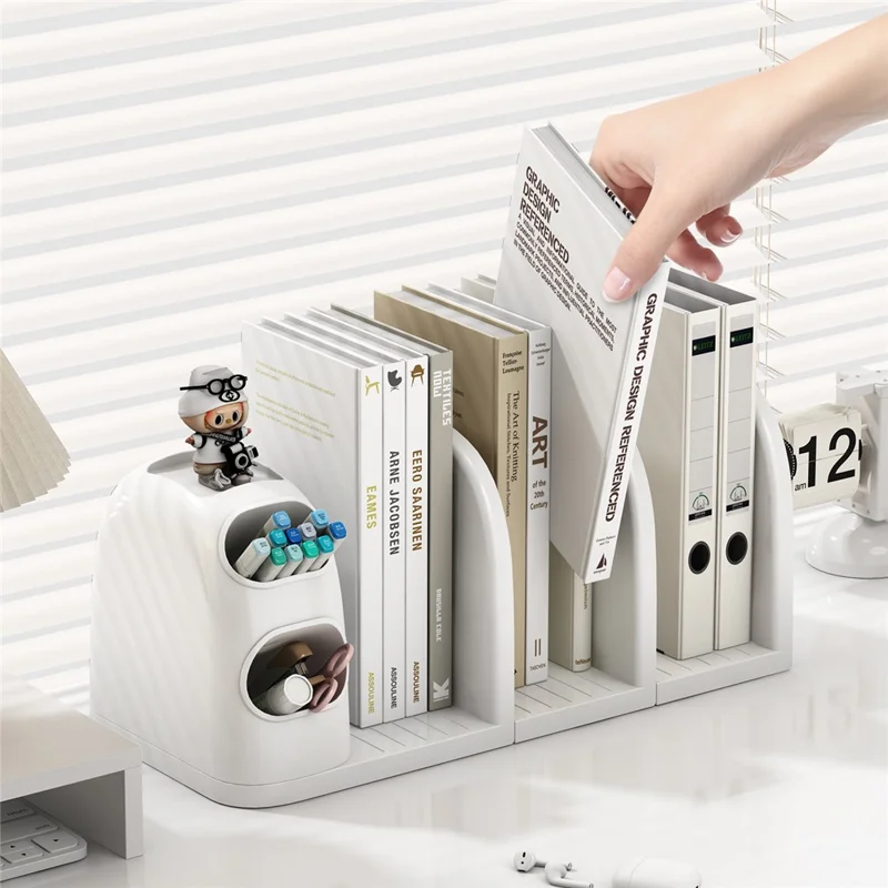 3 Dividers Bookshelf Desk Organizer with Pen Holder Desktop Storage Rack for Books Stationery