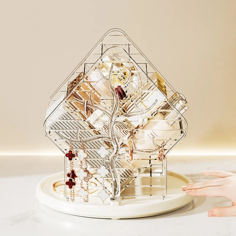360 Degree Rotating Makeup Organizer Transparent Cosmetic Storage Shelf for Skincare Lipstick Eyeshadow - Transparent White