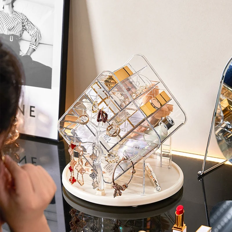 360 Degree Rotating Makeup Organizer Transparent Cosmetic Storage Shelf for Skincare Lipstick Eyeshadow - Transparent White