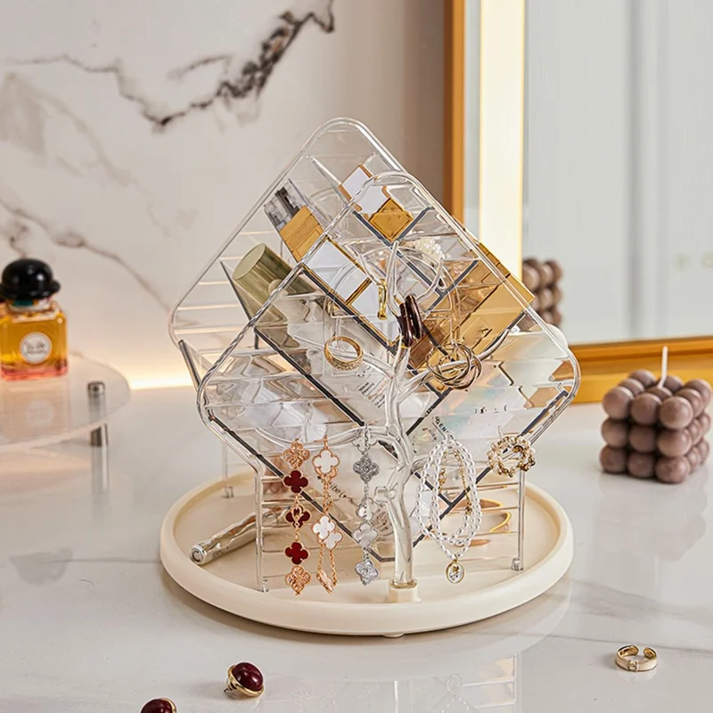 360 Degree Rotating Makeup Organizer Transparent Cosmetic Storage Shelf for Skincare Lipstick Eyeshadow - Transparent White
