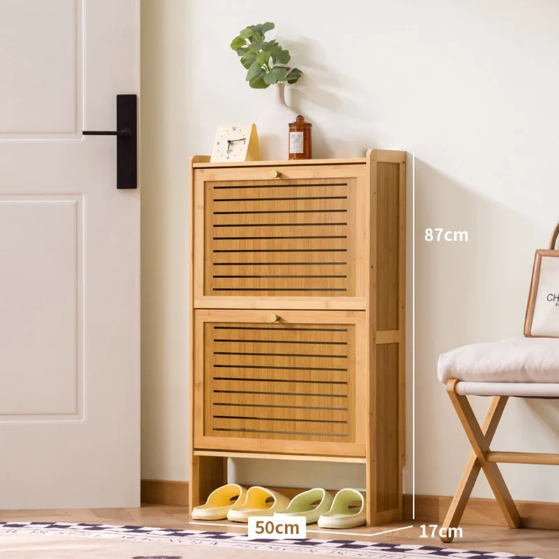 2-Tier 50cm Length Vintage Ultra Thin Shoe Cabinet Entryway Storage Rack Flip-Down Door Space Saving for Home - Burlywood
