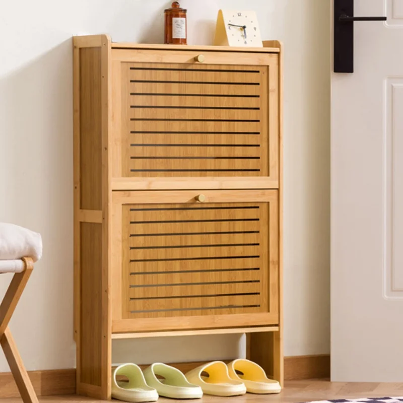 2-Tier 50cm Length Vintage Ultra Thin Shoe Cabinet Entryway Storage Rack Flip-Down Door Space Saving for Home - Burlywood