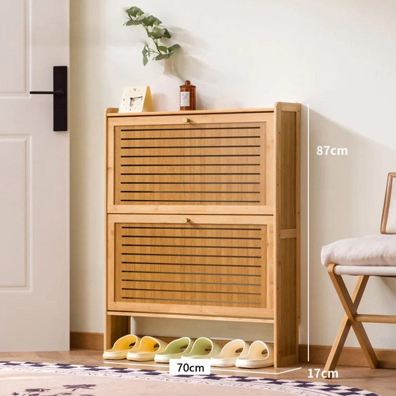 2-Tier 70cm Length Vintage Ultra Thin Shoe Cabinet Entryway Storage Rack Flip-Down Door Space Saving for Home - Burlywood