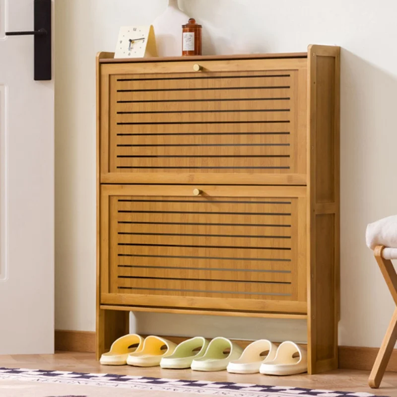 2-Tier 70cm Length Vintage Ultra Thin Shoe Cabinet Entryway Storage Rack Flip-Down Door Space Saving for Home - Burlywood