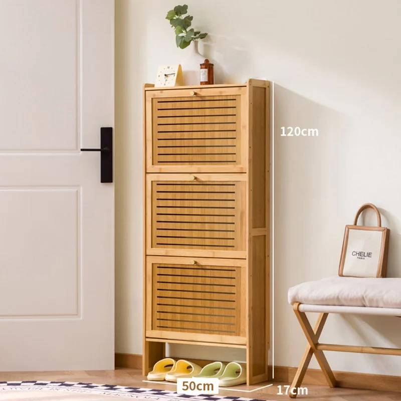 3-Tier 50cm Length Vintage Ultra Thin Shoe Cabinet Entryway Storage Rack Flip-Down Door Space Saving for Home - Burlywood