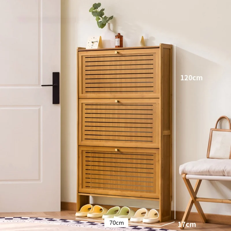 3-Tier 70cm Length Vintage Ultra Thin Shoe Cabinet Entryway Storage Rack Flip-Down Door Space Saving for Home - Brown