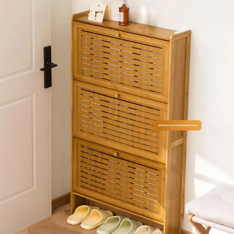 3-Tier 70cm Length Vintage Ultra Thin Shoe Cabinet Entryway Storage Rack Flip-Down Door Space Saving for Home - Brown