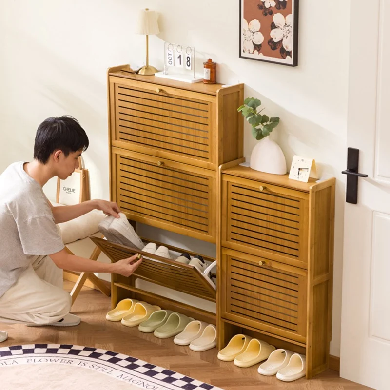 3-Tier 70cm Length Vintage Ultra Thin Shoe Cabinet Entryway Storage Rack Flip-Down Door Space Saving for Home - Brown