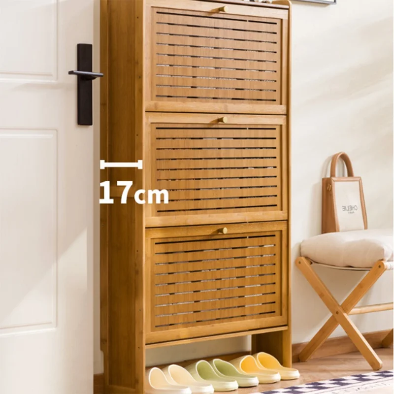 3-Tier 70cm Length Vintage Ultra Thin Shoe Cabinet Entryway Storage Rack Flip-Down Door Space Saving for Home - Brown