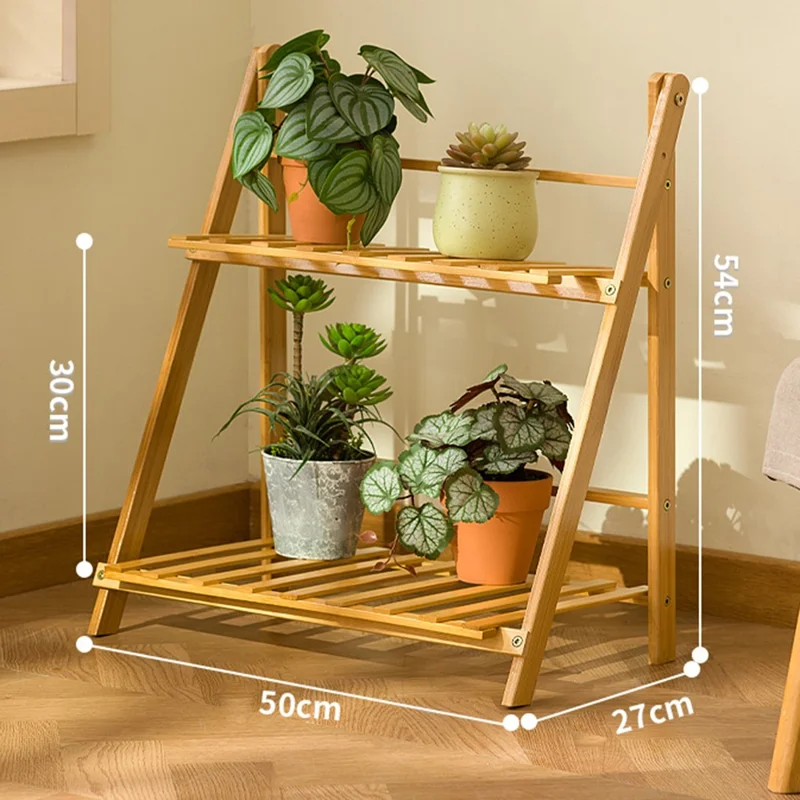 Suporte de Plantas de Madeira Dobrável de 2 Níveis de 50 cm para Uso Interno, Estante de Flores, Escada Expositora para Casa / Jardim / Varanda