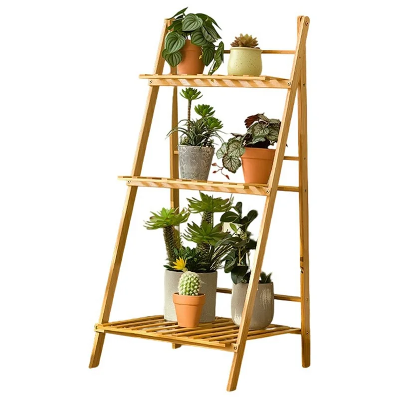 50cm Length Folding 3-Tier Wooden Plant Stand Flower Rack Indoor Balcony Storage Shelf Ladder Display