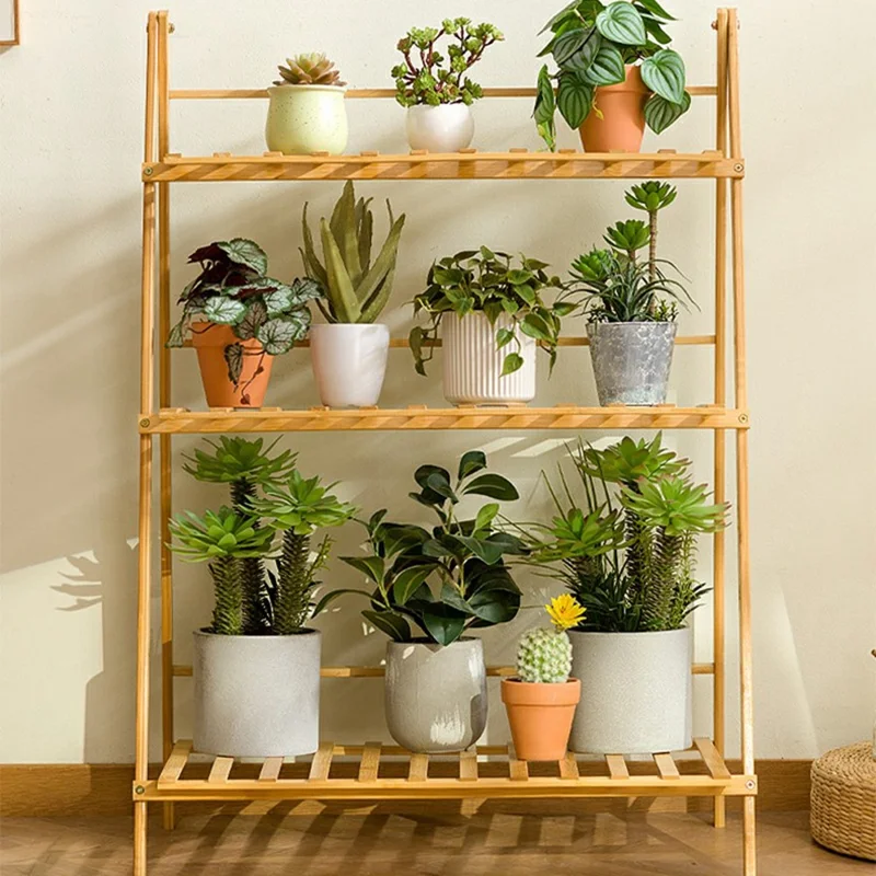 50cm Length Folding 3-Tier Wooden Plant Stand Flower Rack Indoor Balcony Storage Shelf Ladder Display