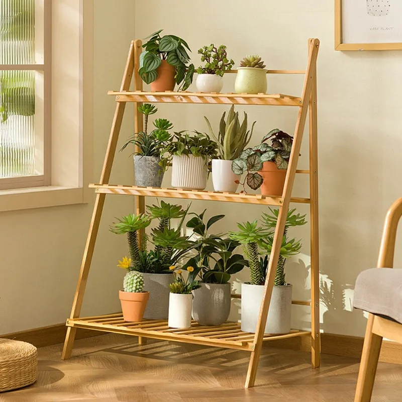 50cm Length Folding 3-Tier Wooden Plant Stand Flower Rack Indoor Balcony Storage Shelf Ladder Display