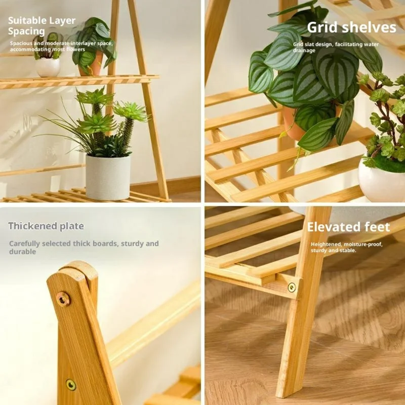 50cm Length Folding 3-Tier Wooden Plant Stand Flower Rack Indoor Balcony Storage Shelf Ladder Display