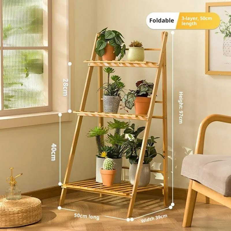 50cm Length Folding 3-Tier Wooden Plant Stand Flower Rack Indoor Balcony Storage Shelf Ladder Display