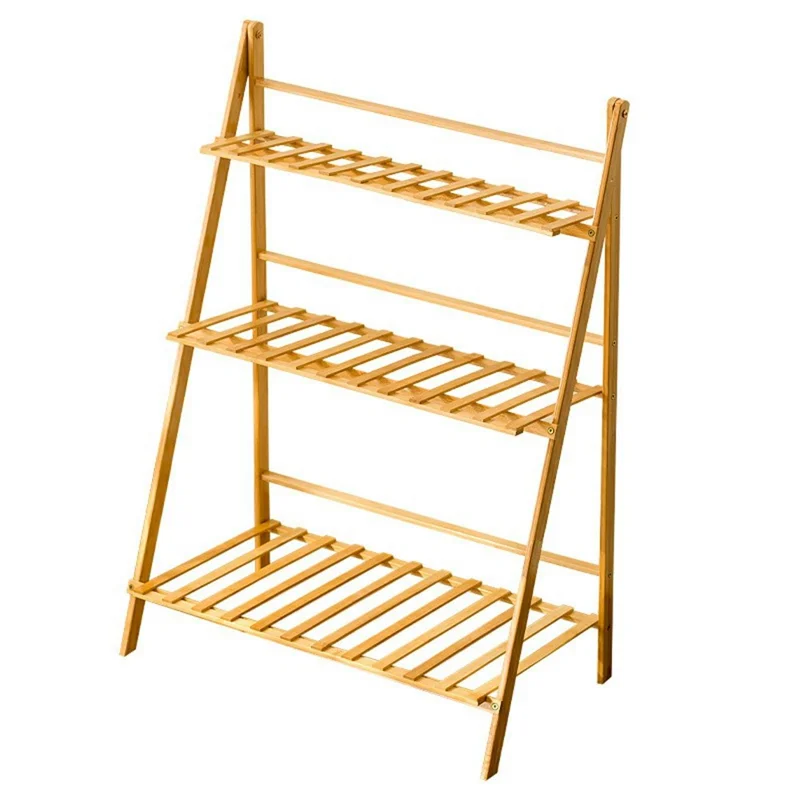 Suporte de Plantas de Madeira Dobrável de 3 Níveis com 70 cm de Comprimento, Estante de Exibição para Varanda Interna