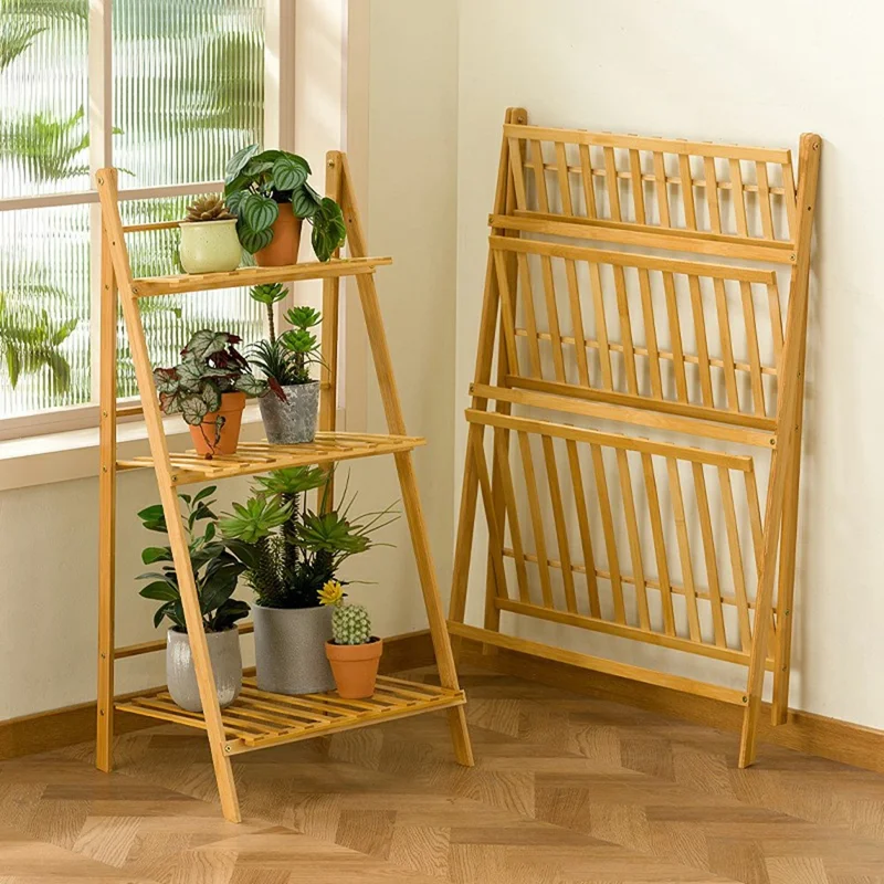 Suporte de Plantas de Madeira Dobrável de 3 Níveis com 70 cm de Comprimento, Estante de Exibição para Varanda Interna
