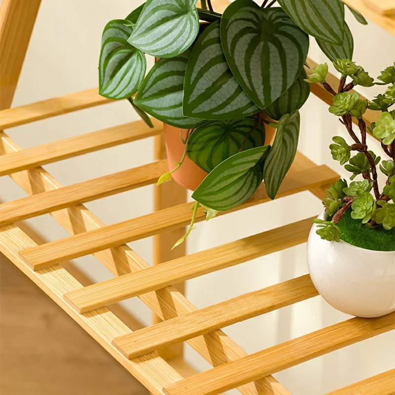 Suporte de Plantas de Madeira Dobrável de 3 Níveis com 70 cm de Comprimento, Estante de Exibição para Varanda Interna