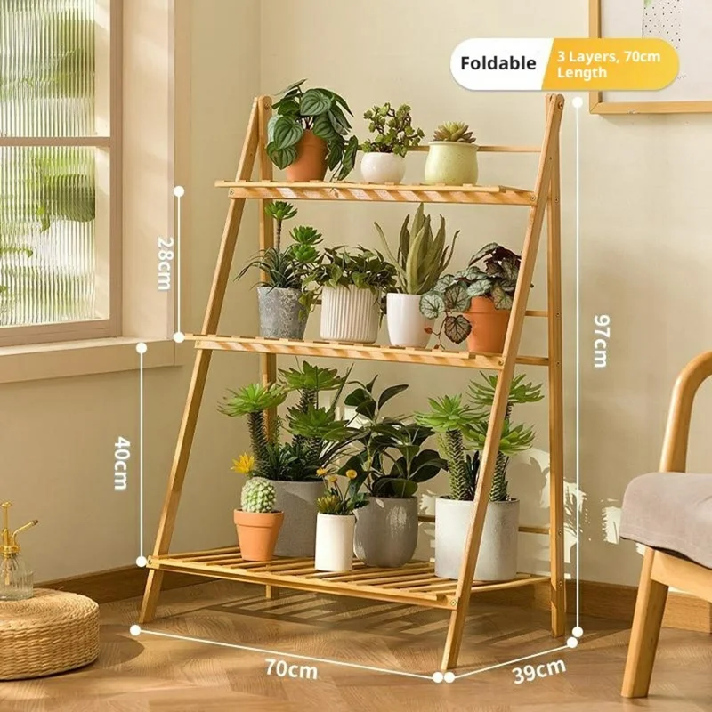 Suporte de Plantas de Madeira Dobrável de 3 Níveis com 70 cm de Comprimento, Estante de Exibição para Varanda Interna