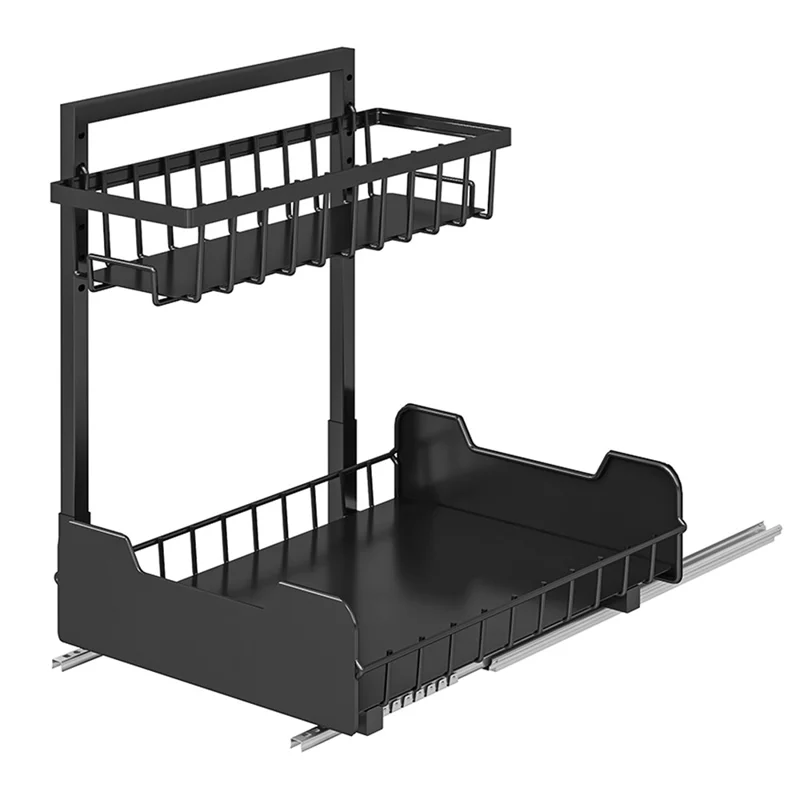 Under Sink Organizer Sliding Drawer Storage Rack Double Track Pull Out Kitchen Shelf for Home / Bathroom - Black