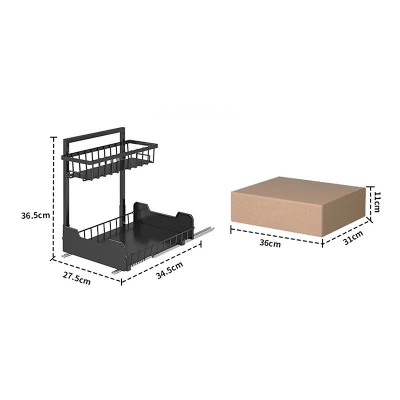 Under Sink Organizer Sliding Drawer Storage Rack Double Track Pull Out Kitchen Shelf for Home / Bathroom - Black