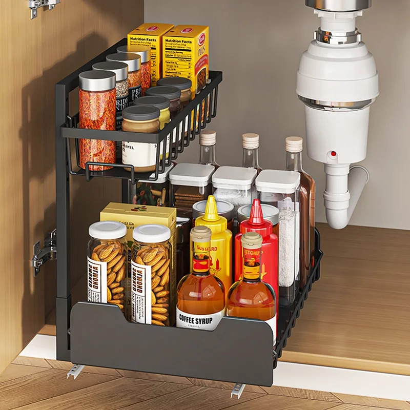 Under Sink Organizer Sliding Drawer Storage Rack Double Track Pull Out Kitchen Shelf for Home / Bathroom - Black