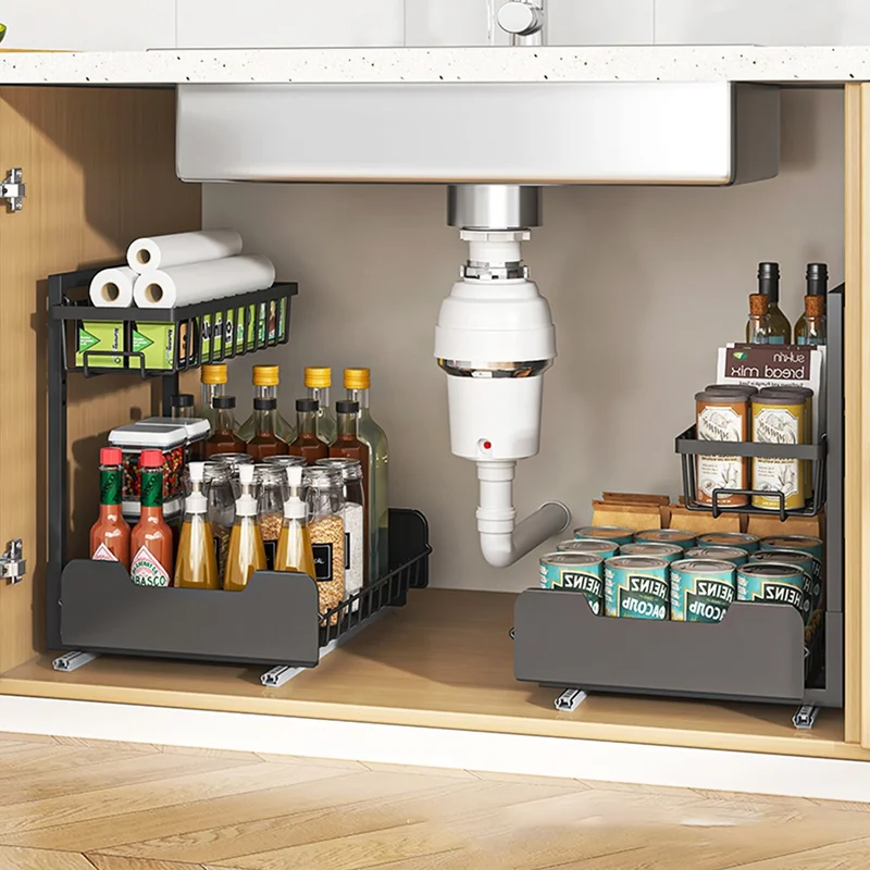 Under Sink Organizer Sliding Drawer Storage Rack Double Track Pull Out Kitchen Shelf for Home / Bathroom - Black