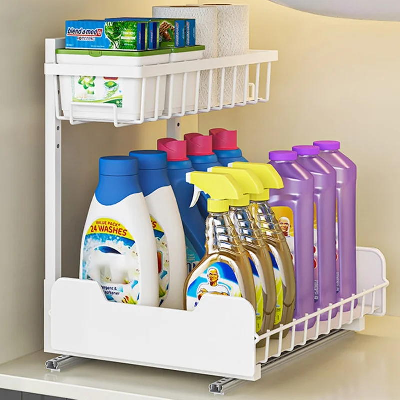 Under Sink Organizer Sliding Drawer Storage Rack Double Track Pull Out Kitchen Shelf for Home / Bathroom - Black