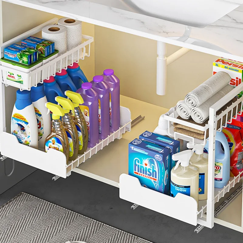 Under Sink Organizer Sliding Drawer Storage Rack Double Track Pull Out Kitchen Shelf for Home / Bathroom - Black