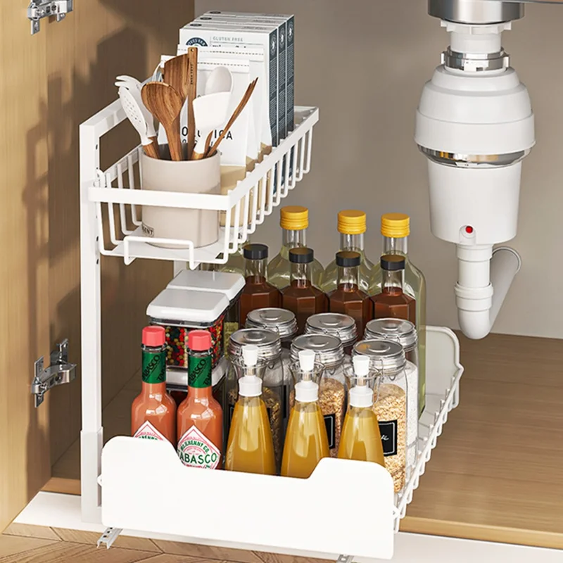 Under Sink Organizer Sliding Drawer Storage Rack Double Track Pull Out Kitchen Shelf for Home / Bathroom - Black