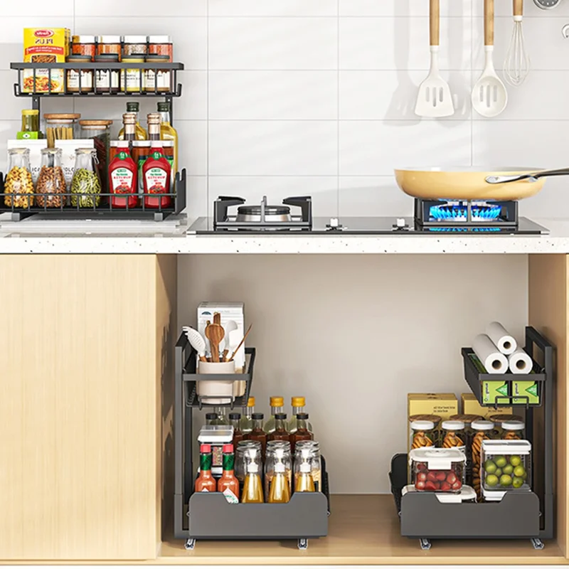 Under Sink Organizer Sliding Drawer Storage Rack Double Track Pull Out Kitchen Shelf for Home / Bathroom - Black