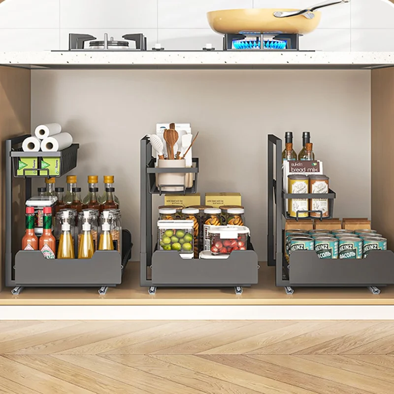 Under Sink Organizer Sliding Drawer Storage Rack Double Track Pull Out Kitchen Shelf for Home / Bathroom - Black