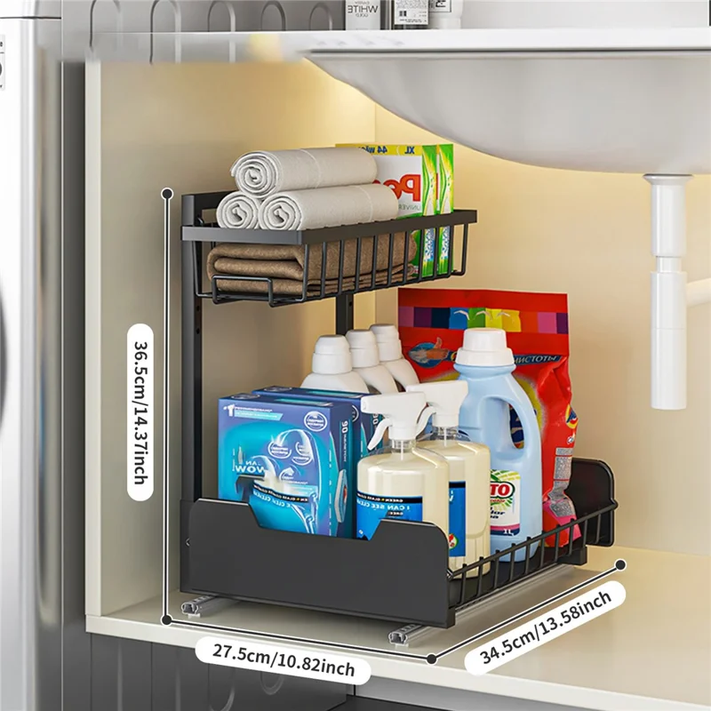 Under Sink Organizer Sliding Drawer Storage Rack Double Track Pull Out Kitchen Shelf for Home / Bathroom - Black