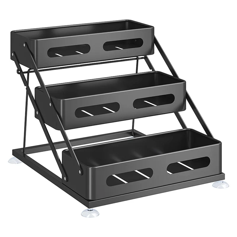 Adjustable Kitchen Spice Rack Countertop Organizer 3-Tier Storage Shelf for Home - Black