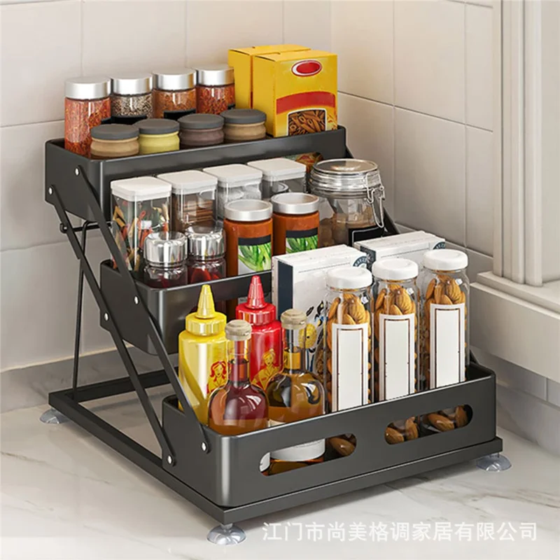 Adjustable Kitchen Spice Rack Countertop Organizer 3-Tier Storage Shelf for Home - Black