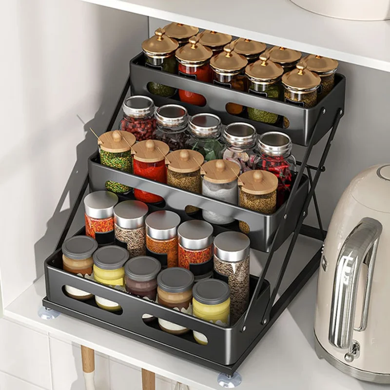 Adjustable Kitchen Spice Rack Countertop Organizer 3-Tier Storage Shelf for Home - Black