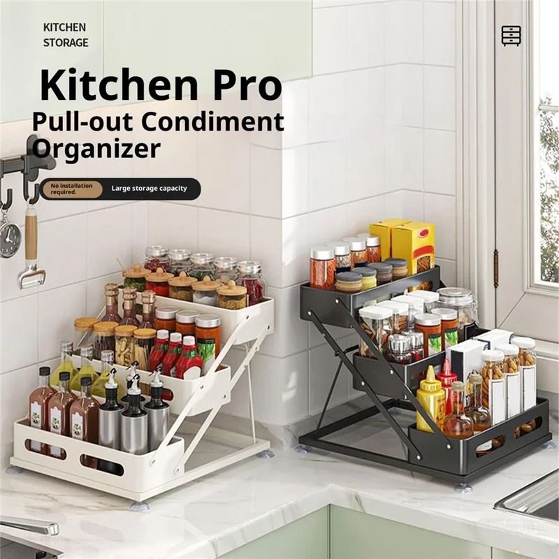 Adjustable Kitchen Spice Rack Countertop Organizer 3-Tier Storage Shelf for Home - Black