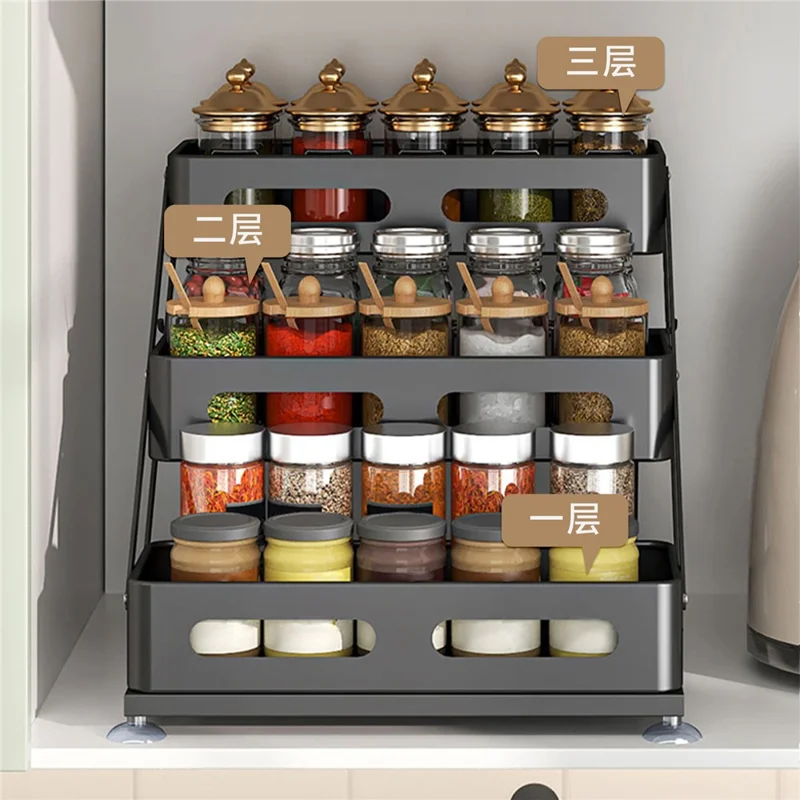 Adjustable Kitchen Spice Rack Countertop Organizer 3-Tier Storage Shelf for Home - Black