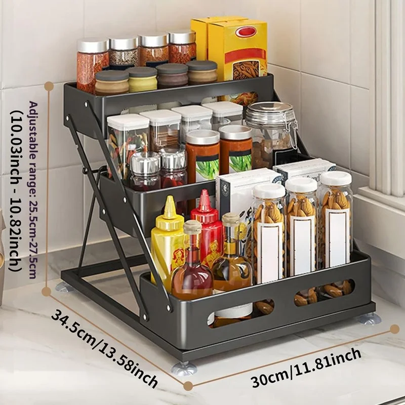Adjustable Kitchen Spice Rack Countertop Organizer 3-Tier Storage Shelf for Home - Black