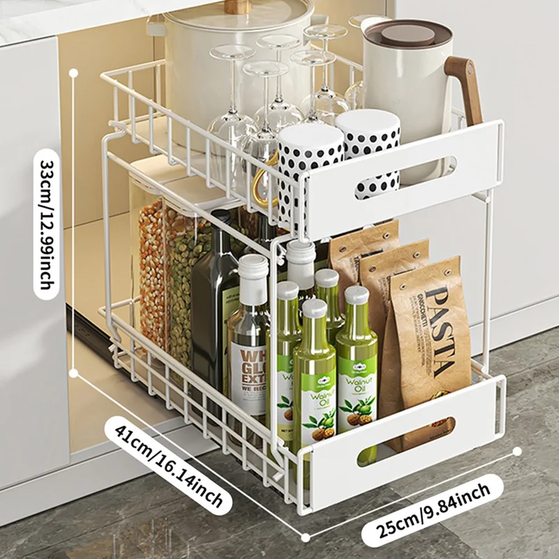 Organizador de Extracción de Doble Capa Armario de Cocina Estantería de Almacenamiento Soporte para Especias Debajo del Fregadero Estante de Cajón - Blanco