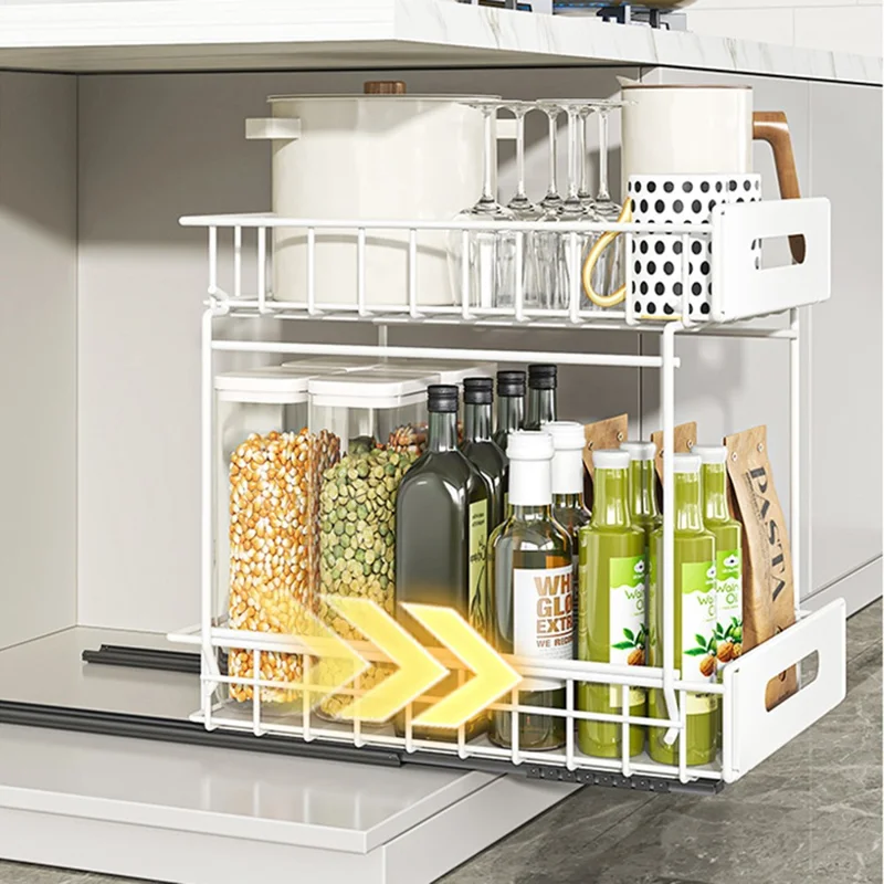 Organizador de Extracción de Doble Capa Armario de Cocina Estantería de Almacenamiento Soporte para Especias Debajo del Fregadero Estante de Cajón - Blanco